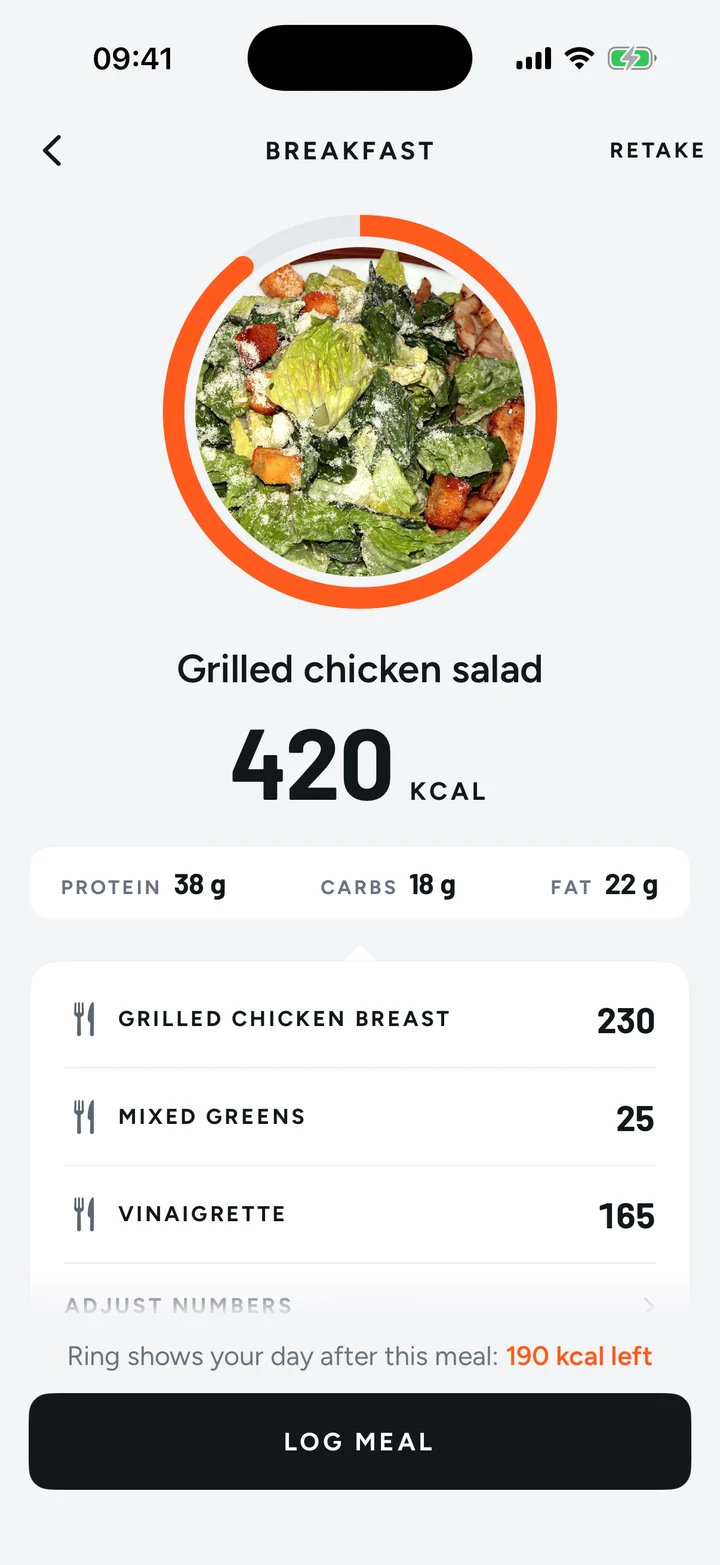 Scan result for a grilled chicken salad: 420 kcal, 38 g protein, split into ingredients