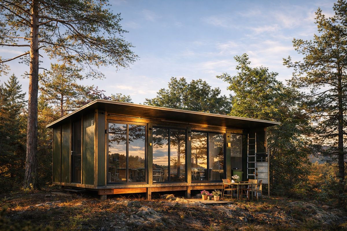 The Furutoppen cabin among pine trees at dusk, with large windows